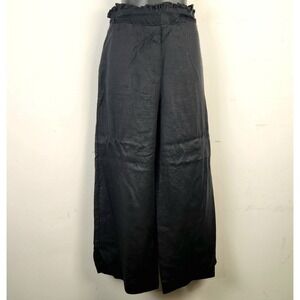 Otto d'Ame Linen Wide Leg Cropped Pants Ruffle Waist Black Size 8